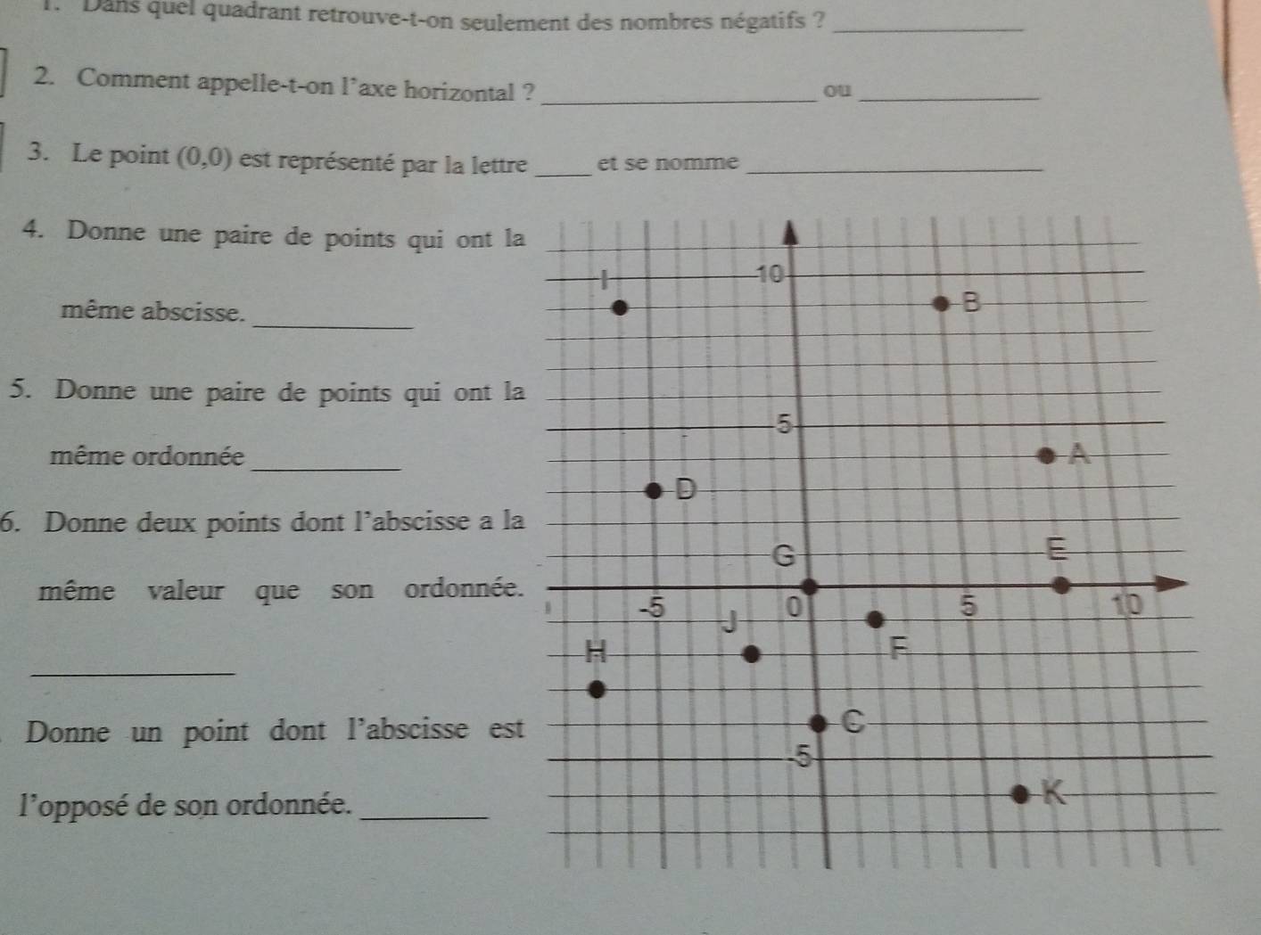 Dans quel quadrant retrouve-t-on seulement des nombres négatifs ?_ 
2. Comment appelle-t-on l’axe horizontal ?_ ou_ 
3. Le point (0,0) est représenté par la lettre _et se nomme_ 
4. Donne une paire de points qui ont l 
même abscisse. 
_ 
5. Donne une paire de points qui ont l 
même ordonnée_ 
6. Donne deux points dont l’abscisse a l 
même valeur que son ordonnée 
_ 
Donne un point dont l'abscisse est 
l'opposé de son ordonnée._