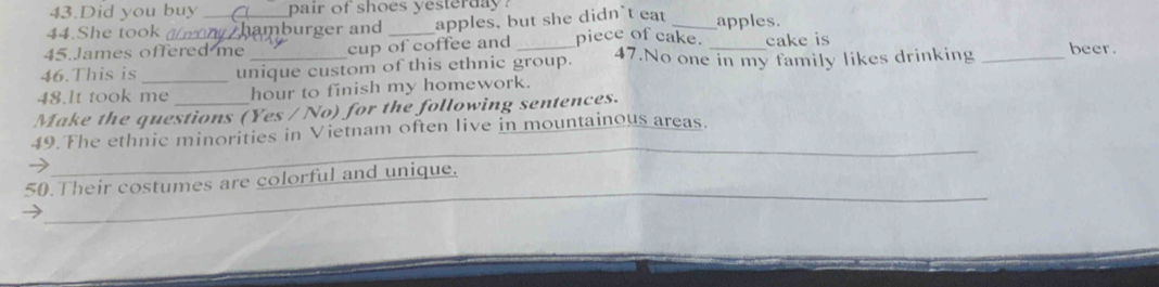 Did you buy pair of shoes yesterday 
44.She took _amburger and apples, but she didn't eat _apples. 
45.James offered me cup of coffee and piece of cake. cake is 
46.This is unique custom of this ethnic group. 47.No one in my family likes drinking _beer. 
48.It took me_ hour to finish my homework. 
Make the questions (Yes / No) for the following sentences. 
_ 
49. The ethnic minorities in Vietnam often live in mountainous areas. 
_ 
50.Their costumes are colorful and unique.
