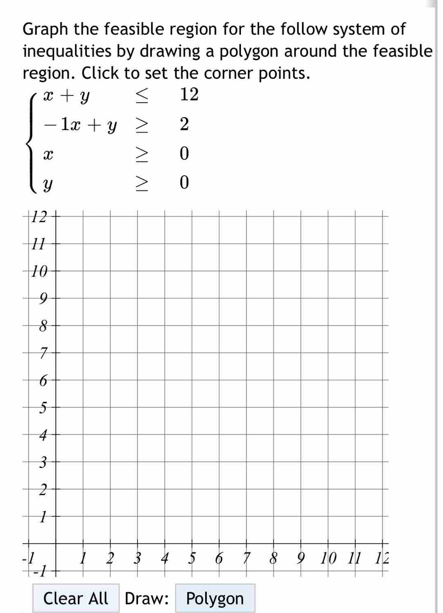 Graph the feasible region for the follow system of 
inequalities by drawing a polygon around the feasible 
region. Click to set the corner points.
beginarrayl x+y≤ 12 -1x+y>2 x≥ 0 y≥ 0endarray.
Clear All Draw: Polygon