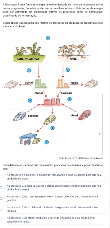 A biomassa é uma fonte de energia renovável derivada de materiais orgânicos, como
resíduos agrícolas, florestais e até mesmo resíduos urbanos. Esta forma de energia
pode ser convertida em eletricidade através de processos como de combustão,
gaseificação ou fermentação.
Segue abaixo um esquema que resume os processos na produção de biocombustíveis
- etanol e biodiesel:
1
Fonte: Bio png (1077×1473) (ené gov br). Adsptado
Considerando os números que representam processos no esquema, é possível afirmar
que:
No processo 4 o biodiesel é produzido, esmagando a cana-de-açúcar, para que haja
_
produção de diesel.
No processo 2, a cana-de-açúcar é esmagada e o caldo é fermentado para que haja
_
produção do etanol.
No processo 6, há o armazenamento em tangues, de etanol puro ou misturado à
_
gasolina.
No processo 5, há a mistura do biodiesel com gasolina, sendo armazenados em
_
tanques.
No processo 3, há etanol produzido a partir da trituração da soja, tendo como
__
subproduto o farelo.