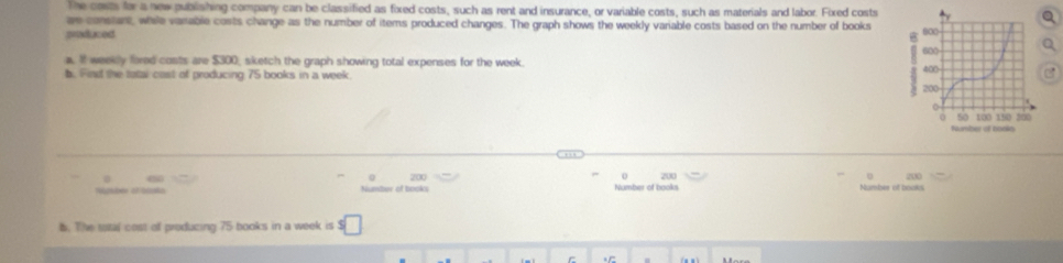 The costs for a new publishing company can be classified as fixed costs, such as rent and insurance, or variable costs, such as materials and labor. Fixed costs a 
as constant, while varable costs change as the number of items produced changes. The graph shows the weekly variable costs based on the number of books 600
==duced 800
a. If weekly fored costs are $300, sketch the graph showing total expenses for the week. 
b. Find the tatal cast of producing 75 books in a week. 400
3 200
0 50 100 190 200
Number of cosks
200
0 200
e Number of books Number of books 200
Numter of books 
b. The sstal cost of producing 75 books in a week is □ 
C