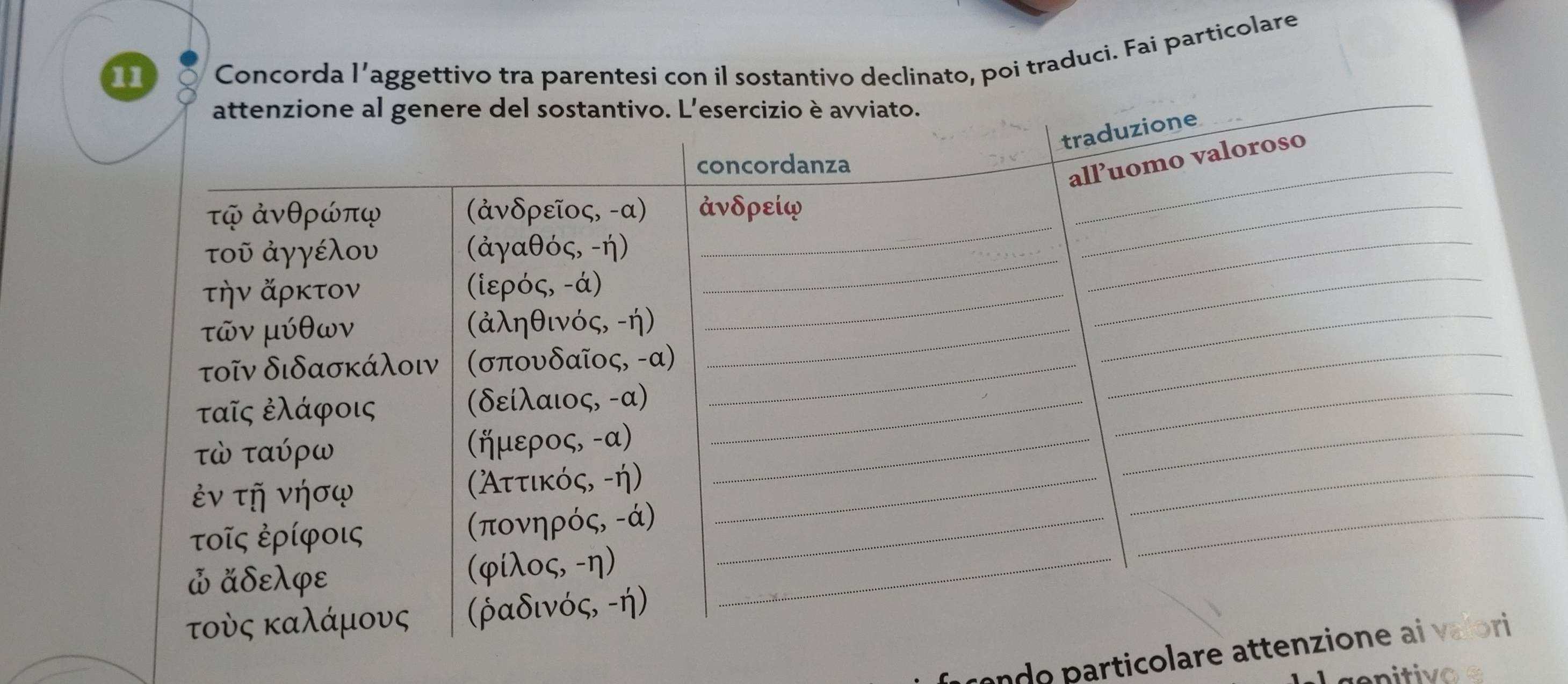 Concorda l’aggettivo tra parentesi con il sostantivo declinato, poi traduci. Fai particolare 
e o p articolare 
genitivo