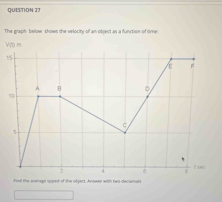 The graph below shows the velocity of an object as a function of time:
V(t)m
1 
Find the average spped of the object. Answer with two deciamals