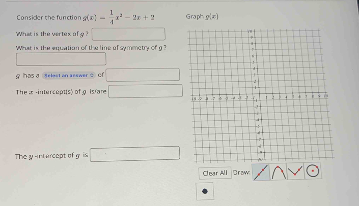 Consider the function g(x)= 1/4 x^2-2x+2 Graph g(x)
What is the vertex of g ? □ 
What is the equation of the line of symmetry of g ? 
□ □ 
g has a Select an answer of □ 
The x -intercept(s) of g is/are □ 
The y -intercept of g is □ 
Clear All Draw: