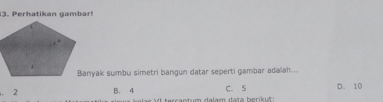 Perhatikan gambar!
Banyak sumbu simetri bangun datar seperti gambar adalah.... 2 B. 4 C. 5 D. 10
las VI tercantum dalam data berikut: