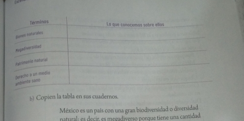 Copien la tabla en sus cuadernos. 
México es un país con una gran biodiversidad o diversidad 
natural; es decir, es megadiverso porque tiene una cantidad