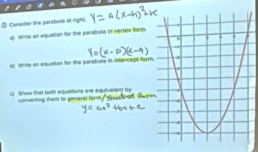 ① Consider the parabola at right. 
a) Write an equation for the parabola in vertex form. 
b) Write an equation for the parabols in intercept form. 
c) Show that both equations are equivalent by 
converting them to general form