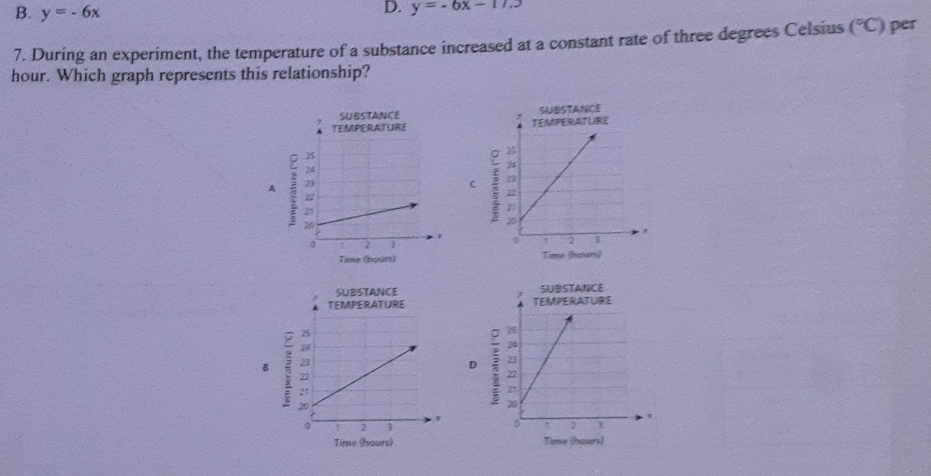 B. y=-6x
D. y=-6x-11.3
7. During an experiment, the temperature of a substance increased at a constant rate of three degrees Celsius (^circ C) per
hour. Which graph represents this relationship?


A 
Time (hours) Time (houns)

B 
D 

Time (hours) Time (hours)