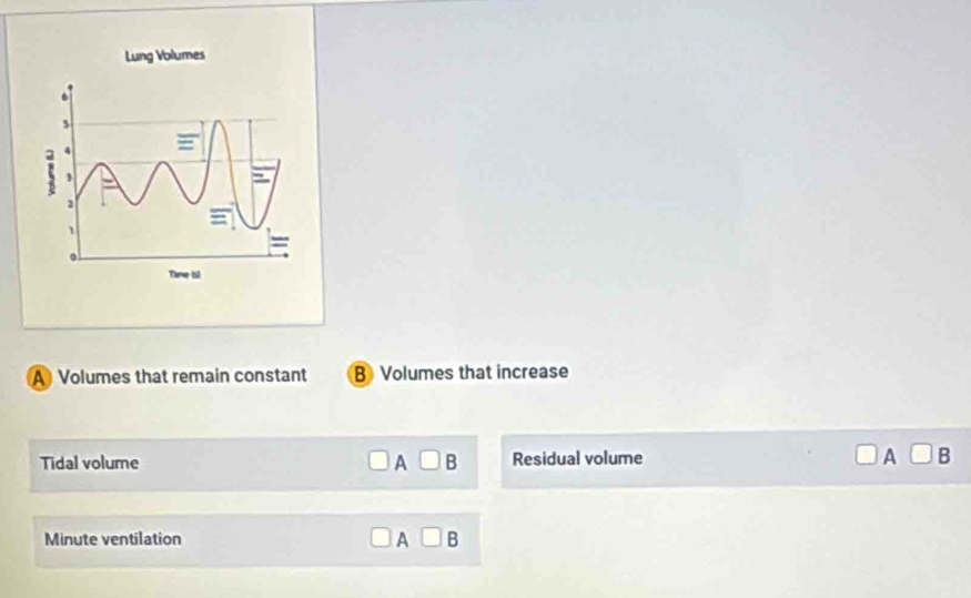 A Volumes that remain constant B Volumes that increase
Tidal volume □ A□ B Residual volume □ A□ B
Minute ventilation □ A□ B