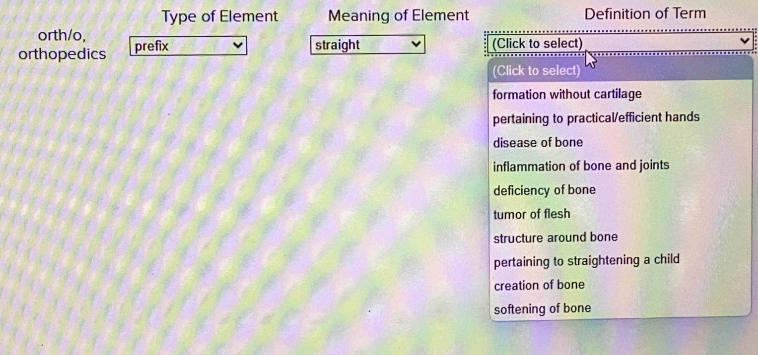 Type of Element Meaning of Element Definition of Term
orth/o,
orthopedics prefix
straight (Click to select)
(Click to select)
formation without cartilage
pertaining to practical/efficient hands
disease of bone
inflammation of bone and joints
deficiency of bone
tumor of flesh
structure around bone
pertaining to straightening a child
creation of bone
softening of bone