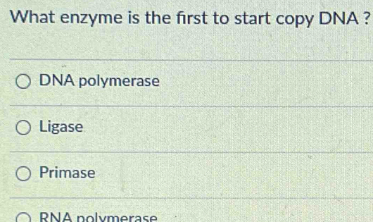 What enzyme is the first to start copy DNA ?
DNA polymerase
Ligase
Primase
RNA nolymerase