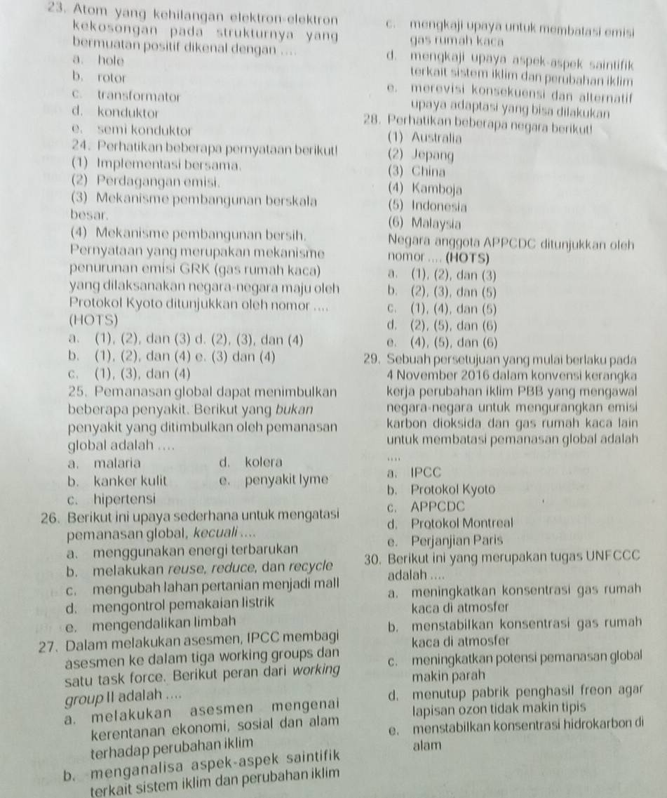 Atom yang kehilangan elektron-elektro c. mengkaji upaya untuk membatasi emisi
kekosongan pada strukturnya yan gas rumah kaca
bermuatan positif dikenal dengan .... d. mengkaji upaya aspek-aspek saintifik
a. hole terkait sistem iklim dan perubahan iklim
b. rotor e. merevisi konsekuensi dan alternatif
c. transformator
upaya adaptasi yang bisa dilakukan
d. konduktor 28. Perhatikan beberapa negara berikut!
e. semi konduktor (1) Australia
24. Perhatikan beberapa pernyataan berikut! (2) Jepang
(1) Implementasi bersama. (3) China
(2) Perdagangan emisi. (4) Kamboja
(3) Mekanisme pembangunan berskala (5) Indonesia
besar. (6) Malaysia
(4) Mekanisme pembangunan bersih. Negara anggota APPCDC ditunjukkan oleh
Pernyataan yang merupakan mekanisme nomor ... (HOTS)
penurunan emisi GRK (gas rumah kaca) a. (1), (2), dan (3)
yang dilaksanakan negara-negara maju oleh b. (2), (3), dan (5)
Protokol Kyoto ditunjukkan oleh nomor .... c. (1), (4), dan (5)
(HOTS) d. (2), (5), dan (6)
a. (1), (2), dan (3) d. (2), (3), dan (4) e. (4), (5), dan (6)
b. (1), (2), dan (4) e. (3) dan (4) 29. Sebuah persetujuan yang mulai berlaku pada
c. (1), (3), dan (4) 4 November 2016 dalam konvensi kerangka
25. Pemanasan global dapat menimbulkan kerja perubahan iklim PBB yang mengawal
beberapa penyakit. Berikut yang bukan negara-negara untuk mengurangkan emisi
penyakit yang ditimbulkan oleh pemanasan karbon dioksida dan gas rumah kaca lain
global adalah .... untuk membatasi pemanasan global adalah
a. malaria d. kolera
… 
b. kanker kulit e. penyakit lyme a、IPCC
b. Protokol Kyoto
c. hipertensi
c. APPCDC
26. Berikut ini upaya sederhana untuk mengatasi d. Protokol Montreal
pemanasan global, kecuali ....
e. Perjanjian Paris
a. menggunakan energi terbarukan 30. Berikut ini yang merupakan tugas UNFCCC
b. melakukan reuse, reduce, dan recycle
c. mengubah lahan pertanian menjadi mall adalah ....
a. meningkatkan konsentrasi gas rumah
d. mengontrol pemakaian listrik
kaca di atmosfer
e. mengendalikan limbah
27. Dalam melakukan asesmen, IPCC membagi b. menstabilkan konsentrasi gas rumah
asesmen ke dalam tiga working groups dan kaca di atmosfer
satu task force. Berikut peran dari working c. meningkatkan potensi pemanasan global
makin parah
group II adalah .... d. menutup pabrik penghasil freon agar
a. melakukan asesmen mengenai
lapisan ozon tidak makin tipis
e. menstabilkan konsentrasi hidrokarbon di
kerentanan ekonomi, sosial dan alam
terhadap perubahan iklim alam
b. menganalisa aspek-aspek saintifik
terkait sistem iklim dan perubahan iklim