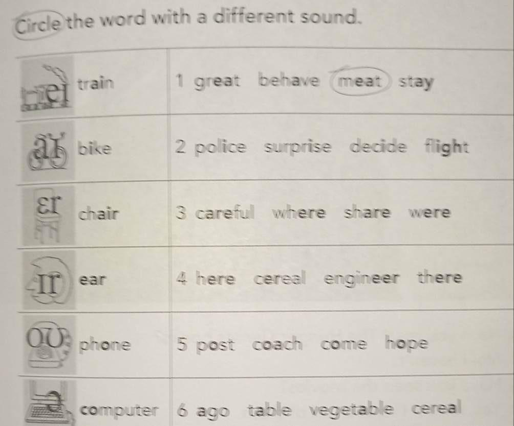 Circle the word with a different sound.
computer 6 ago table vegetable cereal