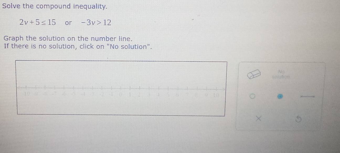 Solve the compound inequality.
2v+5≤ 15 or -3v>12
Graph the solution on the number line. 
If there is no solution, click on "No solution". 
No 
solution 
×