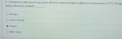 A student is collecting the gas given off from a plant in bright sunlight at a temperature of 27°C The ga
_
being collected is probably
Nitrogen
Carbon Dioxïde
Chrygen
Wäter Vapor