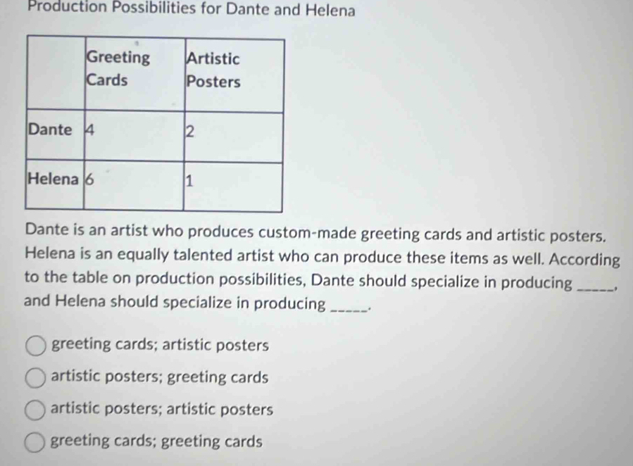 Production Possibilities for Dante and Helena
Dante is an artist who produces custom-made greeting cards and artistic posters.
Helena is an equally talented artist who can produce these items as well. According
to the table on production possibilities, Dante should specialize in producing _,
and Helena should specialize in producing_ .
greeting cards; artistic posters
artistic posters; greeting cards
artistic posters; artistic posters
greeting cards; greeting cards