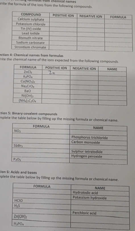 formulas from chemical names
Vrite the formula of the ions from the following compounds.
ection 4: Chemical names from formulas
rite the chemical name of the ions expected from the following compounds.
ction 5: Binary covalent compounds
mplete the table below by filling up the missing formula or chemical name.
tion 6: Acids and bases
aplete the table below by filling up the missing formula or chemical name.