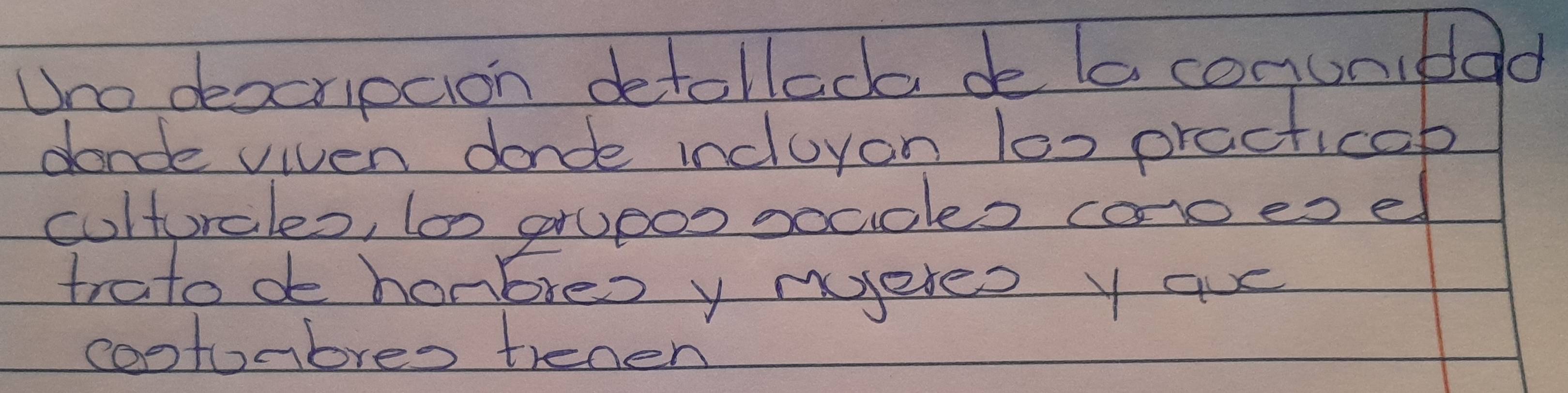 Uno deacripcion detollada de ta conuniddd 
dande viven donde incluyon l0x practicob 
colturales, to prupoo socoles coeoel 
trato de hombres y eeres yaur 
cootumbres trenen