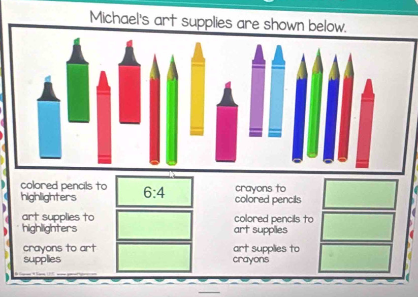 Michael's art supplies are shown b 
colored pencils to 6:4 crayons to 
highlighters colored pencils 
D 
art supplies to colored pencils to 
highlighters art supplies 
crayons to art art supplies to 
supplies crayons