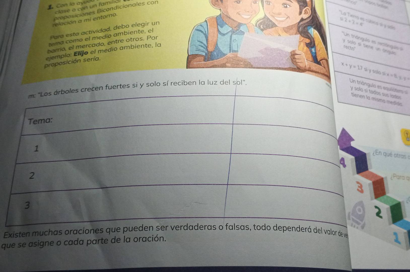 Con la ayudl 
clase o con un familial 
proposiciones Bicondicionales con 

ge as 
relación a mi entorno. 
Para esta actividad, debo elegir un
9.2+2=N cibca d y sản 
tema como el medio ambiente, el 
*Un triángulo es rectóngus 
barrio, el mercado, entre otros. Por 
y solo si tiene un ángulio 
ejemplo: Elijo el medio ambiente, la 
recto 
proposición sería.
x+y=17 si y solo sì x=8, y, y=
si y solo sí reciben la luz del sol''. Un triánguuilátero si 
lados 
edida 
é otras o 
¿Para q 
Existen muchas oralor de ve 
que se asigne o cada parte de la oración. 
1