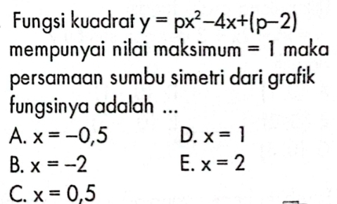 Fungsi kuadrat y=px^2-4x+(p-2)
mempunyai nilai maksimum =1 maka
persamaan sumbu simetri dari grafik 
fungsinya adalah ...
A. x=-0,5 D. x=1
B. x=-2 E. x=2
C. x=0,5