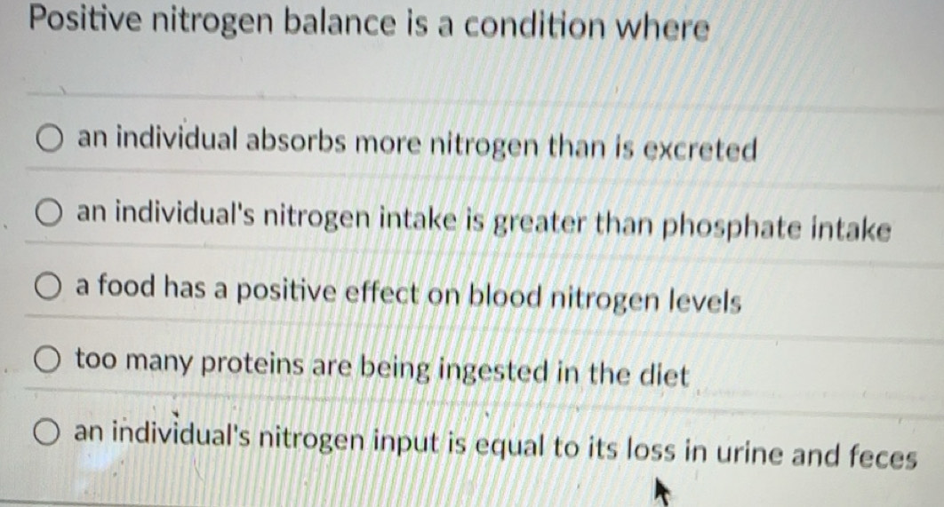 Solved: Positive nitrogen balance is a condition where an individual ...