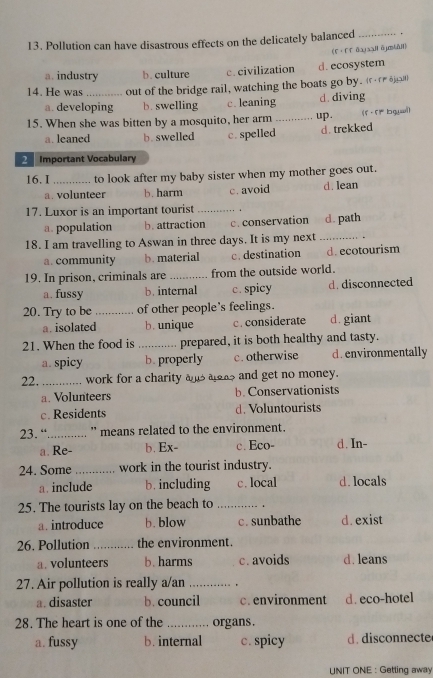 Pollution can have disastrous effects on the delicately balanced_
(f·F f āaysallājmlāll
a. industry b. culture c. civilization d. ecosystem
14. He was_ out of the bridge rail, watching the boats go by. 6n
a. developing b. swelling c. leaning d. diving
15. When she was bitten by a mosquito, her arm_ up. (f - 5F bgywi)
a. leaned b. swelled c. spelled d. trekked
Important Vocabulary
16. I _to look after my baby sister when my mother goes out.
a. volunteer b. harm c. avoid d. lean
17. Luxor is an important tourist_
a. population b. attraction c. conservation d. path
18. I am travelling to Aswan in three days. It is my next _.
a. community b. material c. destination d. ecotourism
19. In prison, criminals are _from the outside world.
a. fussy b. internal c. spicy d. disconnected
20. Try to be_ of other people's feelings.
a. isolated b. unique c. considerate d. giant
21. When the food is _prepared, it is both healthy and tasty.
a. spicy b. properly c. otherwise d. environmentally
22. _work for a charity ans aleas and get no money.
a. Volunteers b. Conservationists
c. Residents d. Voluntourists
23. “_ " means related to the environment.
a. Re- b. Ex- c. Eco- d. In-
24. Some _work in the tourist industry.
a. include b. including c. local d. locals
25. The tourists lay on the beach to_
a.introduce b. blow c. sunbathe d. exist
26. Pollution _the environment.
a. volunteers b. harms c. avoids d. leans
27. Air pollution is really a/an _.
a. disaster b. council crenvironment d. eco-hotel
28. The heart is one of the _organs.
a. fussy b. internal c. spicy ic n c
UNIT ONE : Getting away