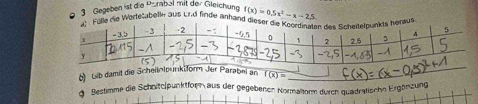 Gegeben ist die Parabel mit der Gleichung f(x)=0.5x^2-x-2,5. 
ie Wertetabelle aus urd finde anhand 
b) Gib damit die ScheitelpunktfJer Parabei an f(x)=
_ 
Bestimme die Scheitelpunktfor aus der gegebenen Normaltorm durch quadratische Ergönzung