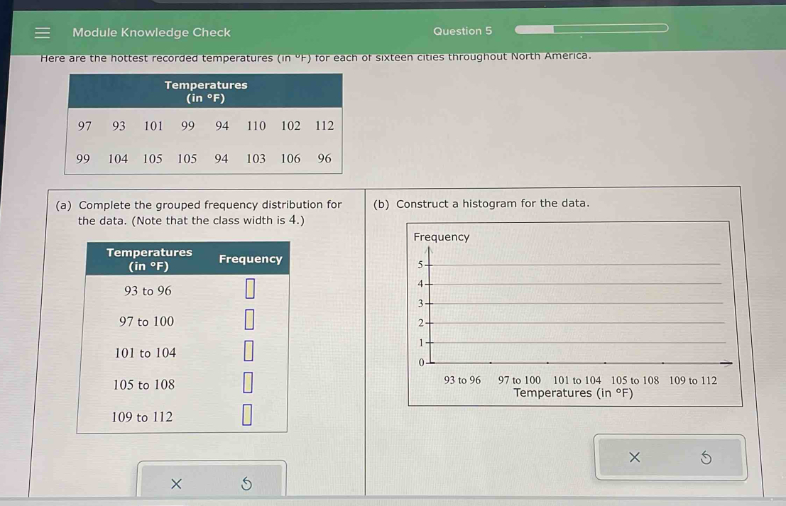 Module Knowledge Check Question 5 
Here are the hottest recorded temperatures (in°F) for each of sixteen cities throughout North America. 
(a) Complete the grouped frequency distribution for (b) Construct a histogram for the data. 
the data. (Note that the class width is 4.) 
Frequency
5 -
4 -
3 -
2 - 
1.
0 -
93 to 96 97 to 100 101 to 104 105 to 108 109 to 112
Temperatures (in°F)
× 
×