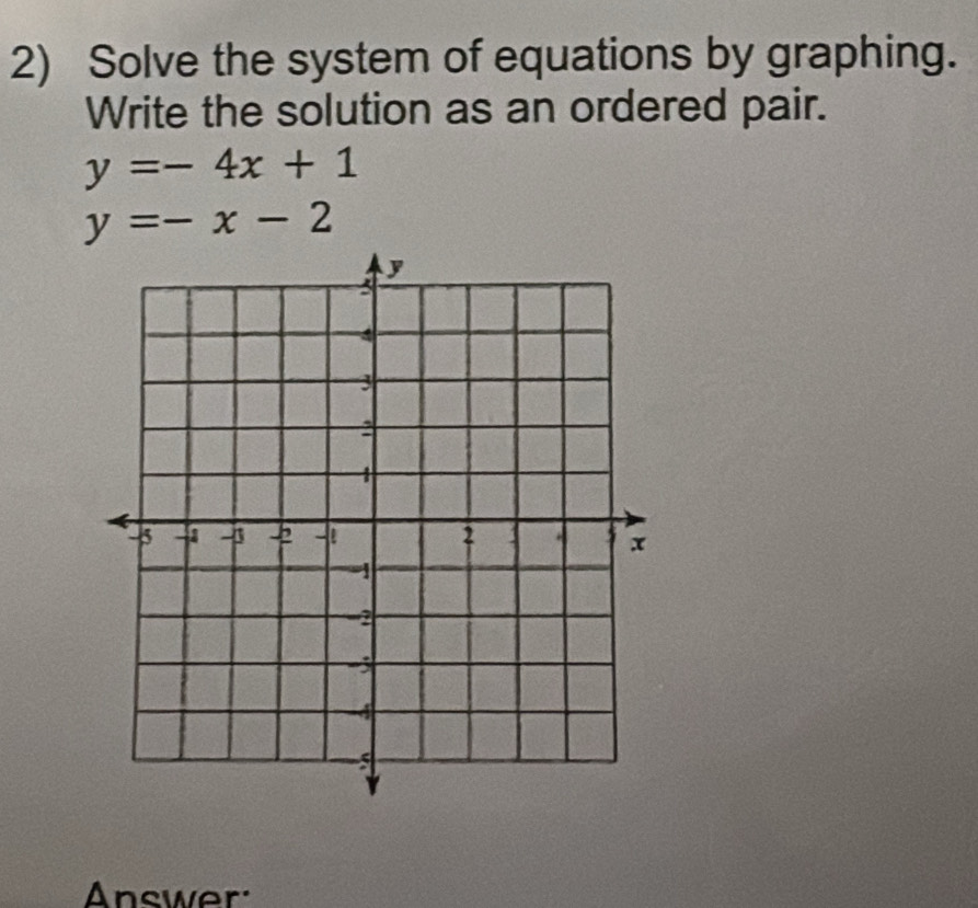 Solve the system of equations by graphing.
Write the solution as an ordered pair.
y=-4x+1
y=-x-2
Answer: