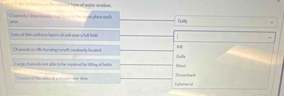 Match the definition to the correct type of water erosion.
Channels / depressions that form in the same place each Gully
year v
Loss of thin uniform layers of soil over a full field
^
Rill
Channels or rills forming runoff, randomly located
Gully
Large channels not able to be repaired by tilling of fields Sheet
Streambank
Erosion of the sides of a stream over time
Ephemeral