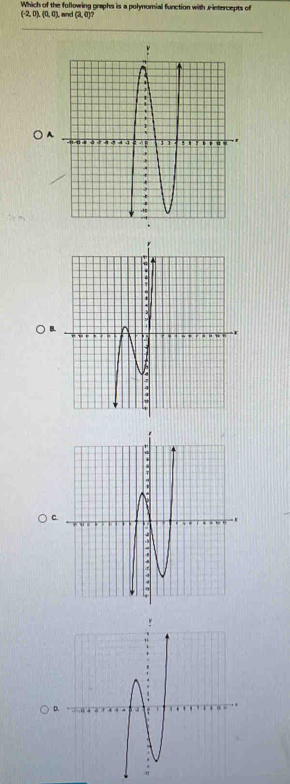 Which of the following graphs is a polynomial function with x-intercepts of
(-2,0), (0,0) , and (a,0)? 
○ A
C