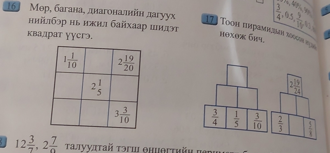 76
 3/4 ,0.5,
16 Мер, багана, диагоналийн дагуух  17 Tοоη πηρаμиπьιη χοοсοη ρυ
нийлбэр нь ижил байхаар шидэт
квадрат уусгэ.
нθχθж бич.
12 3/7 ,2 7/9  τалуудτай τэгш θнцθгτийη πενι