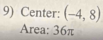 Center: (-4,8)
Area: 36π