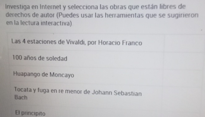 Investiga en Internet y selecciona las obras que están libres de
derechos de autor (Puedes usar las herramientas que se sugirieron
en la lectura interactiva)
Las 4 estaciones de Vivaldi, por Horacio Franco
100 años de soledad
Huapango de Moncayo
Tocata y fuga en re menor de Johann Sebastian
Bach
El principito