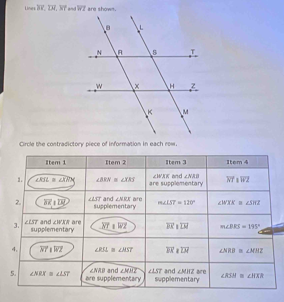 Lines overleftrightarrow BK,overleftrightarrow LM,overleftrightarrow NT and overline WZ
Circle the contradictory piece of information in each row.