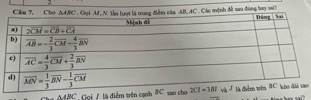 AC . Các mệnh đề sau đúng hay sai?
△ ABC Gọi / là điểm trên cạnho
hay sai?