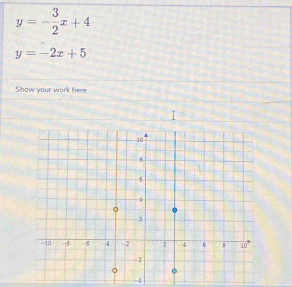 y=- 3/2 x+4
y=-2x+5
Show your work here
-4