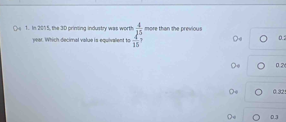 In 2015, the 3D printing industry was worth  4/15  more than the previous
year. Which decimal value is equivalent to  4/15  ? 0.2
Do 0.26
0.32 0.3