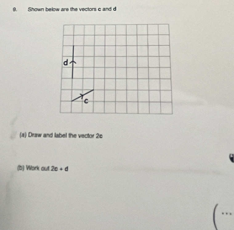 Shown below are the vectors c and d
(a) Draw and label the vector 2c
(b) Work out 2c+d