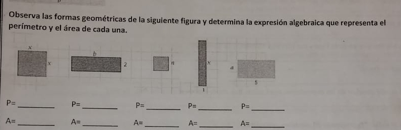 Observa las formas geométricas de la siguiente figura y determina la expresión algebraica que representa el 
perímetro y el área de cada una. 
b
x
2 n 
a
5
1
P= _ 
_ P=
P= _ P= _ P= _
A= _ 
_ A=
A= _ A= _ A= _