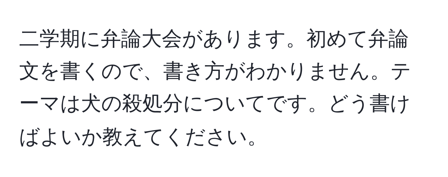 二学期に弁論大会があります。初めて弁論文を書くので、書き方がわかりません。テーマは犬の殺処分についてです。どう書けばよいか教えてください。