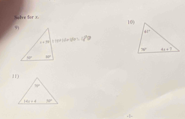 Solve for x.
10)
9)
x+59
50° 80°
-1-