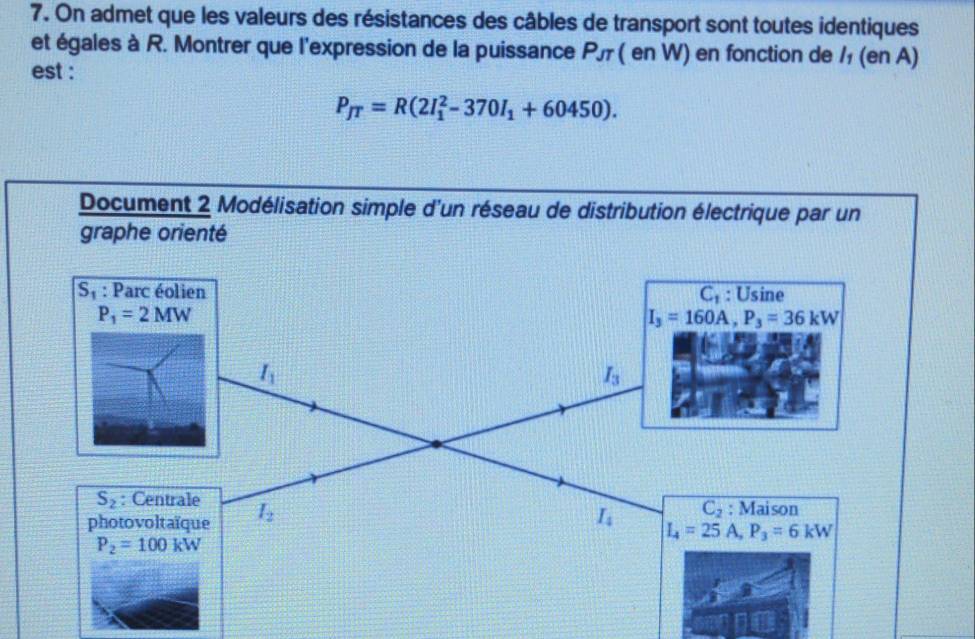 On admet que les valeurs des résistances des câbles de transport sont toutes identiques 
et égales à R. Montrer que l'expression de la puissance P 」 ( en W) en fonction de 1 (en A) 
est :
P_JT=R(2I_1^(2-370I_1)+60450). 
Document 2 Modélisation simple d'un réseau de distribution électrique par un 
graphe orienté
S_1 : Parc éolien C_1 : U sine P_1=2MW
I_3=160A, P_3=36kW
I_1
I_3
S_2 : Centrale : Maison
overline C_2
photovoltaïque I_2 I_4 L_4=25A P_3=6kW
P_2=100kW