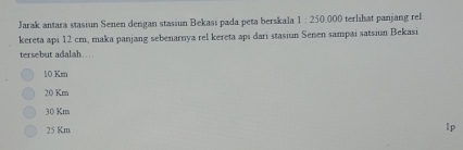 Jarak antara stasiun Senen dengan stasiun Bekasi pada peta berskala 1:250.000 terlihat panjang rel
kereta api 12 cm, maka panjang sebenarnya rel kereta api dari stasiun Senen sampai satsiun Bekasi
tersebut adalah……
10 Km
20 Km
30 Km
25 Km
lp