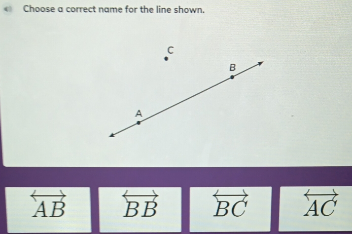 Choose a correct name for the line shown.
overleftrightarrow AB
overleftrightarrow BB overleftrightarrow BC overleftrightarrow AC