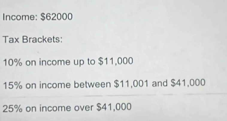 Income: $62000
Tax Brackets:
10% on income up to $11,000
15% on income between $11,001 and $41,000
25% on income over $41,000