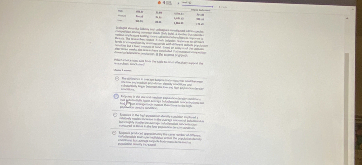 4 = Ladt D 
ronika Bokony and colleagues investigated within-species
competiion among comvoon hads (luệo đufol, a specles that secretes
various umpleusant-Listing toxins caled bufadienofides in response to
threuts. The reauechers tested I, bufe ladpoles' responses to differen
evels of competition by creating ponds with different Expole population
densities but a foad amount of food. Basel on analysis of the talpole
after lhree weeks, the reseanchers concluded tha increased competition
drove bufadienalide production. At the expense of growth
reseanchens'conclusion? Which choice uses data from the table to most effectively rupport the
Cune Lini==
The difference in average tadpole body mass was small between
he low and medium population density conditions and 
conditions substantially larger between the low and high population density
4 ) Tadpoles in the low and medium population density conditions.
had sullsitantially lower average bufadlenolide concentrations but
hady ter average body masses than those in the high
poposton defuty concition.
Tadpoles in the high population density condition displayed a
relatively modest increase in the average amount of butad g lo 
but roushly double the average bufadienolide concentration
compared to those in the low population density condition.
Tadpoles produced approximately the same number of different
i enon de towins per individval aceoss the population density 
population density increased. conditions, but average tadpole body mass decrease
