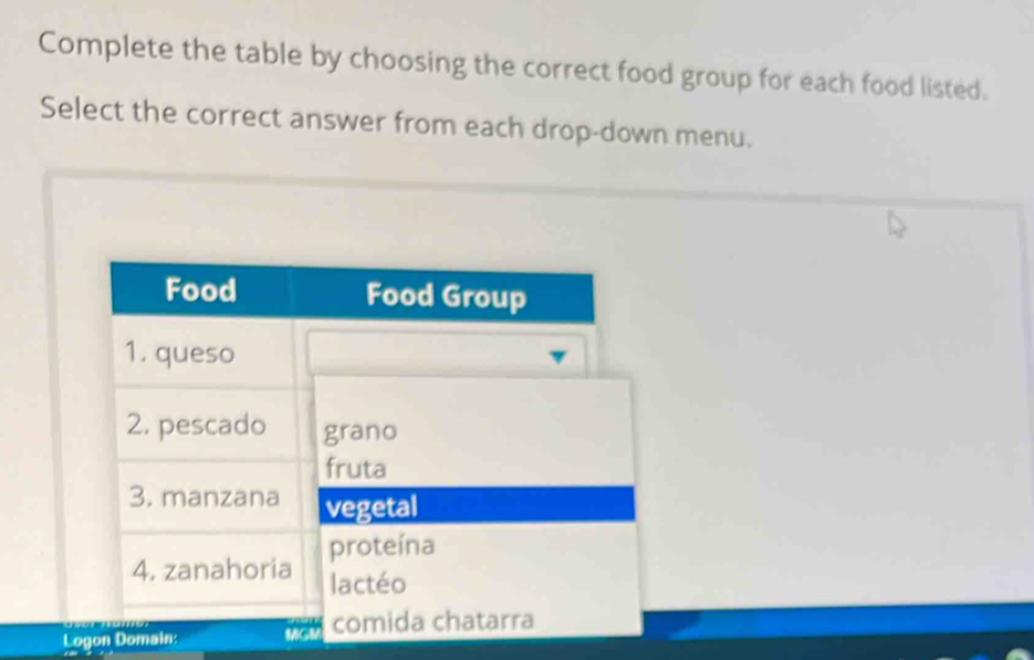 Solved: Complete the table by choosing the correct food group for each ...
