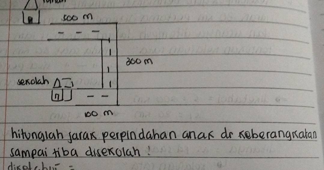 soo m
300 m
1 
serolah △ J_
n
1o m
hitonglah jarak perpindahan anak dr xeberangnatan 
sampai tiba diserolah! 
dirol, h -